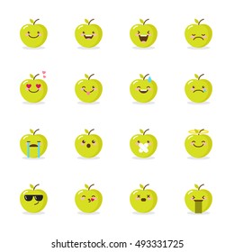  Green Apple Emoji Set. Funny Cartoon Emoticons.