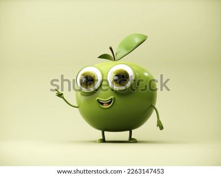 Green apple mascot - 3d render. Cute cartoon living exotic fruit character. The concept of a healthy lifestyle and self-care. Healthy character goes in for sports, fitness, yoga. 