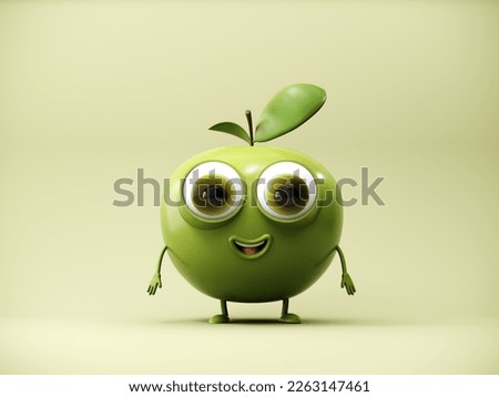 Green apple mascot - 3d render. Cute cartoon living exotic fruit character. The concept of a healthy lifestyle and self-care. Healthy character goes in for sports, fitness, yoga. 