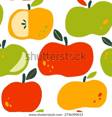 Green apple seamless pattern with a white outline and background. Cartoon illustration of fresh fruit. Suitable for wallpaper, summer, paper, baby wrap, decorations, and fashion fabric.