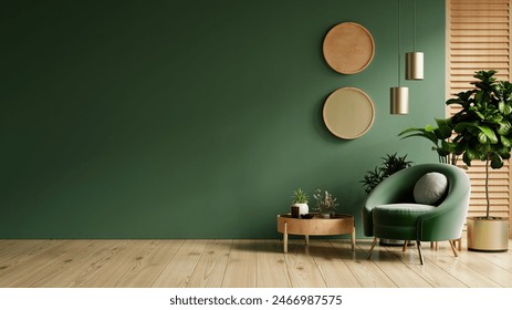 Green armchair and decoration room on empty dark green wall background.- 3D rendering - Powered by Shutterstock