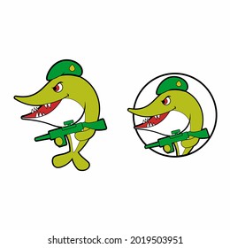 Green Army Whale With Beret Hat Cartoon Illustration. Icon Symbol Mascot Logo Design