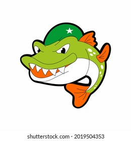 Green Army Whale With Beret Hat Cartoon Illustration. Icon Symbol Mascot Logo Design