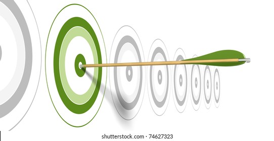 Green Arrow, Hitting The Center Of Green Target With Grey Targets At The Background