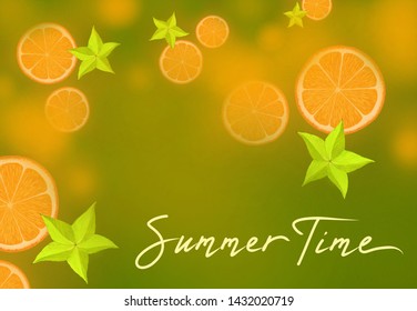 Green Background With Oranges And Lettering Summer Time. Screensaver For Posters, Promotions Or Ads.
