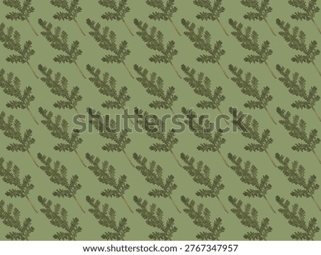 Green background with a repeating pattern of diagonally arranged fern-like leaves. Each leaf features multiple pointed, dark green pinnate leaflets, creating a dense and intricate texture. The uniform design forms a continuous, orderly sequence across the entire image, giving a feeling of depth and structure.
