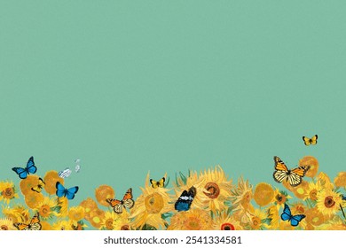A green background with a smooth texture, featuring vibrant sunflowers and butterflies. The background is green with a lively, natural feel. Sunflower border background. Green floral background.