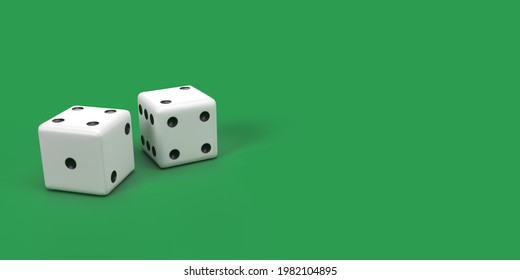 A green background with two game dices in the left side. 3d Illustration