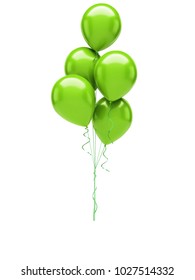 Green Baloons With Gold Ribbons Isolated On White Background. 3D Illustration Of Celebration, Party Baloons