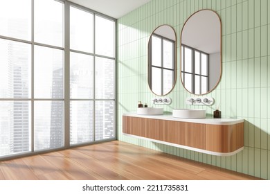 Green Bathroom Interior With Double Sink, Side View Dresser With Accessories, Hardwood Floor. Panoramic Window On Singapore City View. 3D Rendering