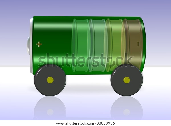 A green battery with wheels attached on a\
blue and white background / Electric\
car