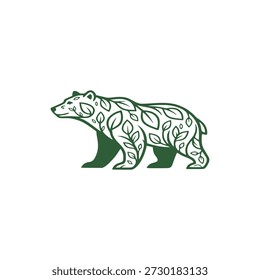 Green bear logo with leaf pattern, eco nature animal emblem for organic brand, forest, conservation, and sustainability design