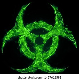 Green Biohazard Symbol on Black Background. Sign of biological hazard. The concept of chemical waste, pollution of the nature, radiation waste.