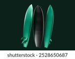 Green and black glossy racket with a Surfboard set isolated design elements on background. Colorful Surfboard set spor collection 3d design elements Sports.3D Rendering