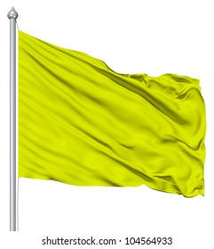 Green Blank Flag With Flagpole Waving In The Wind Against White Background