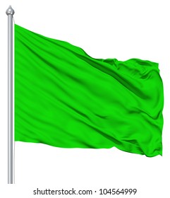 Green Blank Flag With Flagpole Waving In The Wind Against White Background