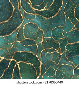 Green blue alcohol ink pattern, decorated with golden foil. Luxury smudges backdrop.
