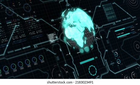 Green Blue Earth User Interface Head Up Display With HUD Element And White Grid On Black Background. Business Technology And Science Concept. 3D Illustration Rendering