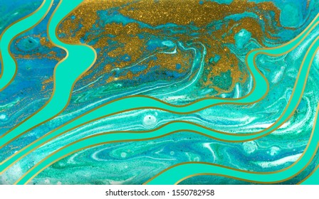 Green, Blue And Gold Ripple Pattern. Golden Powder Marble Liquid Texture.