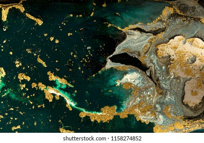 Green And Blue Marble Abstract Acrylic Background. Marbling Artwork Texture. Agate Ripple Pattern. Gold Powder.