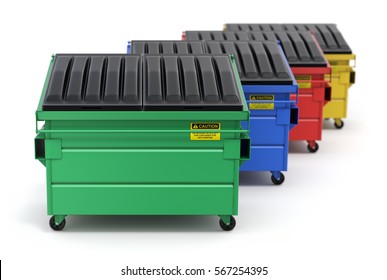 Green, Blue, Red And Yellow Recycle Dumpster - 3D Illustration