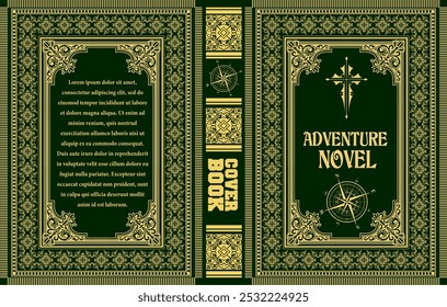 Green book cover design featuring gold ornate frames, a compass rose, and a title reading adventure novel - Powered by Shutterstock