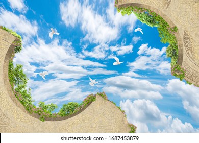 
Green branches against the background of the summer sky. 3D rendering. Art ceiling. 3D wallpaper. Look up.