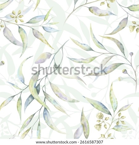 Green branches seamless pattern. Eucalyptus in watercolor illustrative technique. Gentle pastel tones create a motif perfect for eco-friendly designs. Ideal for wrapping paper, wallpaper, stationary