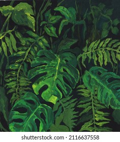 green bright pattern, dense gouache leaves on a dark background