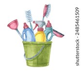 A green bucket with arranged cleaning supplies like spray bottles, brushes, plunger and a window squeegee. Clipart for housekeeping manuals, DIY cleaning projects, and home organization blogs