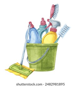 A green bucket with cleaning items including a detergent, spray bottle, brush, and mop head. Watercolor clipart for home care guides, spring cleaning checklists, or janitorial service advertisements - Powered by Shutterstock