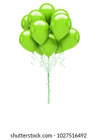 Green Bundle Of Baloons With Gold Ribbons Isolated On White Background. 3D Illustration Of Celebration, Party Baloons