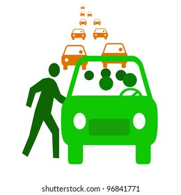 Green Bus With Passengers In Traffic  Carpool Illustration