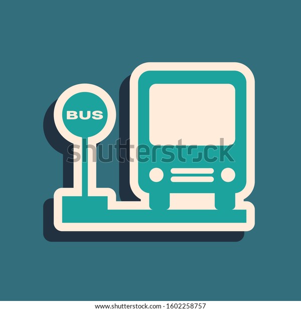 Green Bus stop icon isolated on blue\
background. Transportation concept. Bus tour transport sign.\
Tourism or public vehicle symbol. Long shadow style.\
