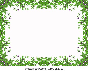 green bush frame with purple berries illustration on a white background copy space