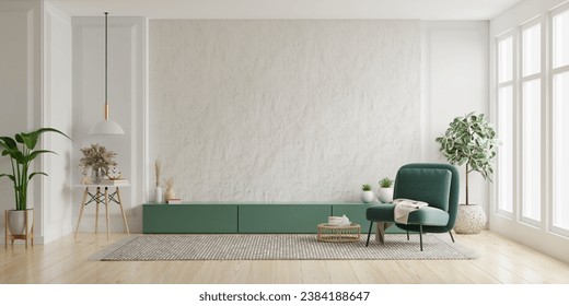 Green cabinet TV in modern living room with green armchair and plant on plaster wall background.3d rendering