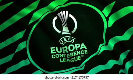 Green canvas. Motion . The bright logo of the UEFA European League. Use only for editorial.