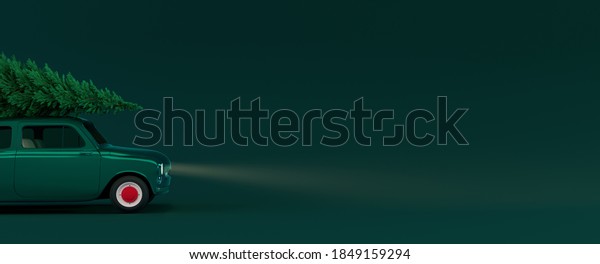 Green car arriving with\
Christmas tree on dark green background 3D Rendering, 3D\
Illustration