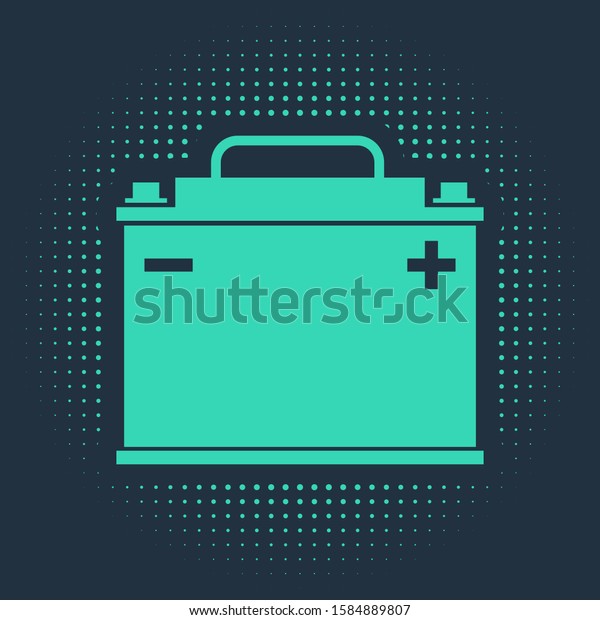 Green Car battery icon isolated on blue\
background. Accumulator battery energy power and electricity\
accumulator battery. Abstract circle random dots.\
