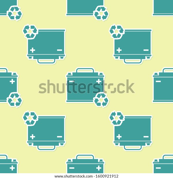 Green Car battery with recycle icon\
isolated seamless pattern on yellow background. Accumulator battery\
energy power and electricity accumulator battery.\

