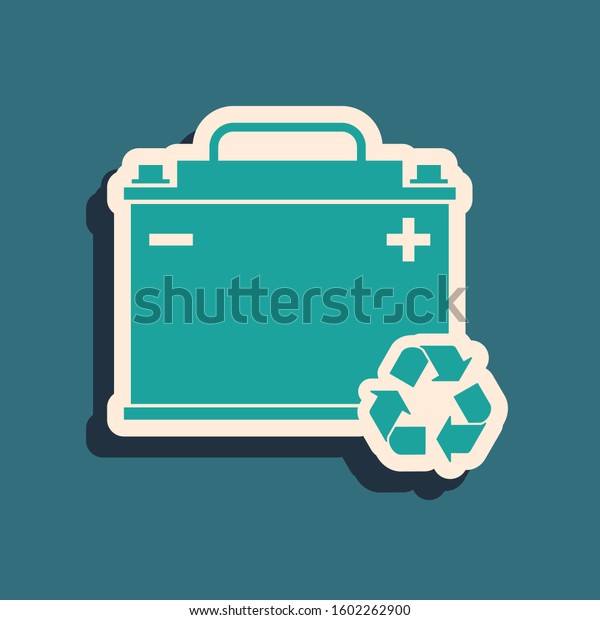 Green Car battery with\
recycle icon isolated on blue background. Accumulator battery\
energy power and electricity accumulator battery. Long shadow\
style. 