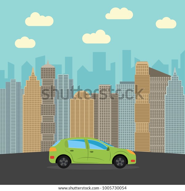 Green car in the city. Automobile on a\
background of skyscrapers on a sunny day.\
\
