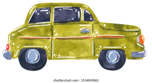 Green car, hand drawn watercolor illustration isolated on white.
