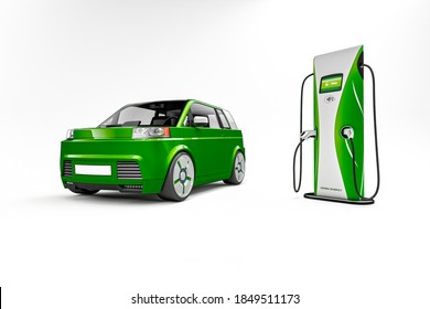 green car isolated on white background. Generic Electric Car, Hybrid Vehicle, Futuristic City Car, Alternative Fuel Vehicle, Electric Vehicle Charging Station, 3d Rendering