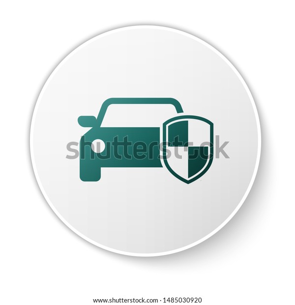 Green Car protection or\
insurance icon isolated on white background. Protect car guard\
shield. Safety badge vehicle icon. Security auto label. Green\
circle button