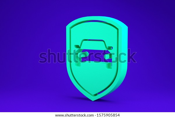 Green Car protection or insurance icon isolated on\
blue background. Protect car guard shield. Safety badge vehicle\
icon. Security auto label. Minimalism concept. 3d illustration 3D\
render