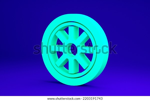 Green Car wheel icon isolated on\
blue background. Minimalism concept. 3d illustration 3D\
render.