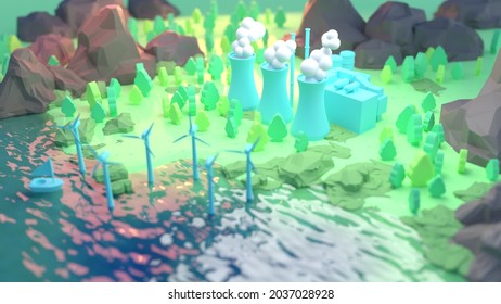 Green - Carbon Free - Energy Miniature Toy Landscape - 3D Illustration