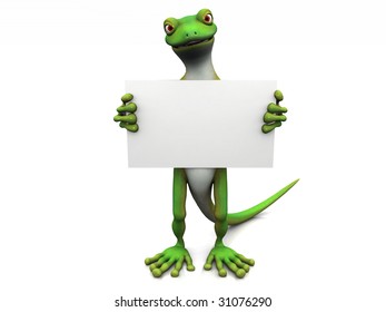 A Green Cartoon Gecko Holding A Blank Sign In Its Hands.