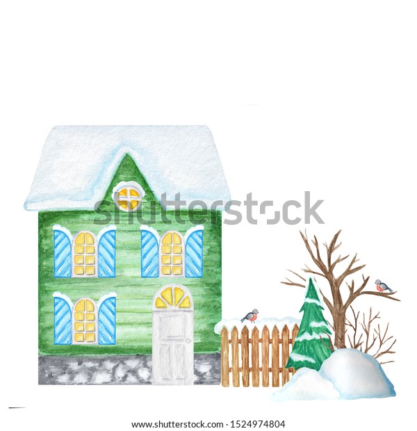 Green Cartoon Winter House with wooden fence and\
Bullfinch bird couple, snowdrifts, Christmas tree. Watercolor New\
year Greeting card, poster, banner concept with copy space for\
text. Front view.